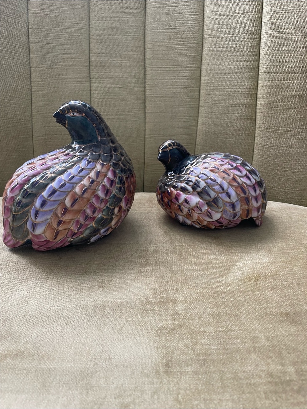 Toyo Decorative ceramic Quail Set in Iridescent Purple and Pink and gold accents